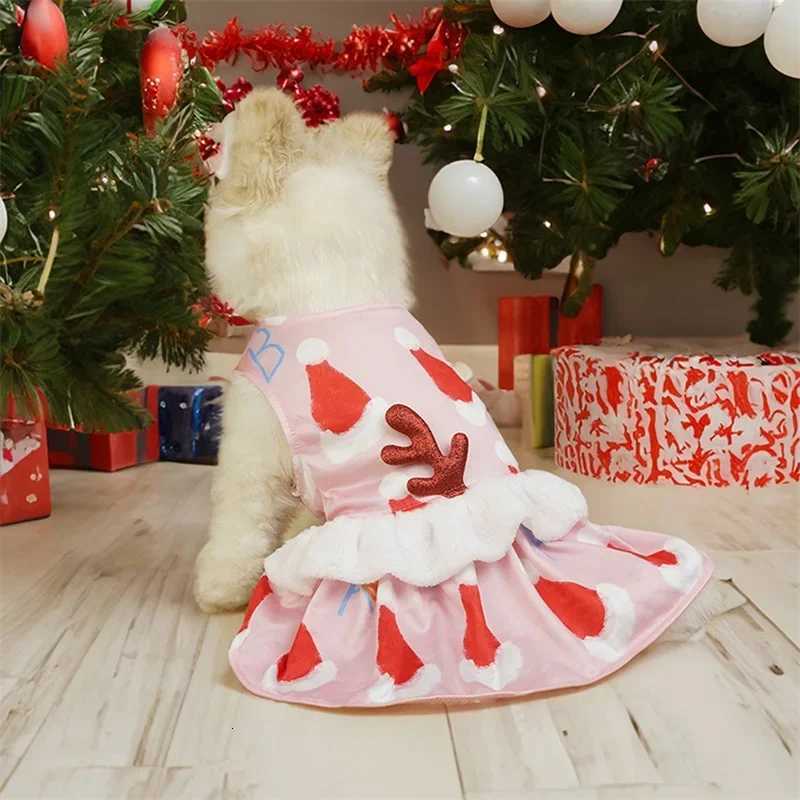 Dog Christmas Costume Christmas Hat Print Pet Cat Dress with Antlers Cosplay Clothes Outfit for Party Decoration M251208