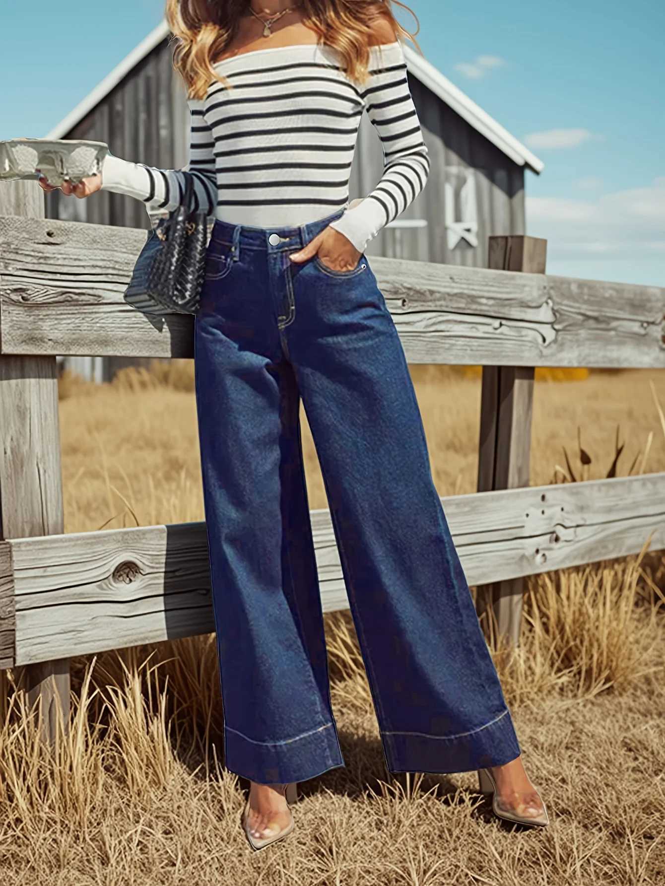 2025 New Womens High Rise Straight Jeans - Classic dark blue washed stretch jeans with button placket elegant and intellectualT251208