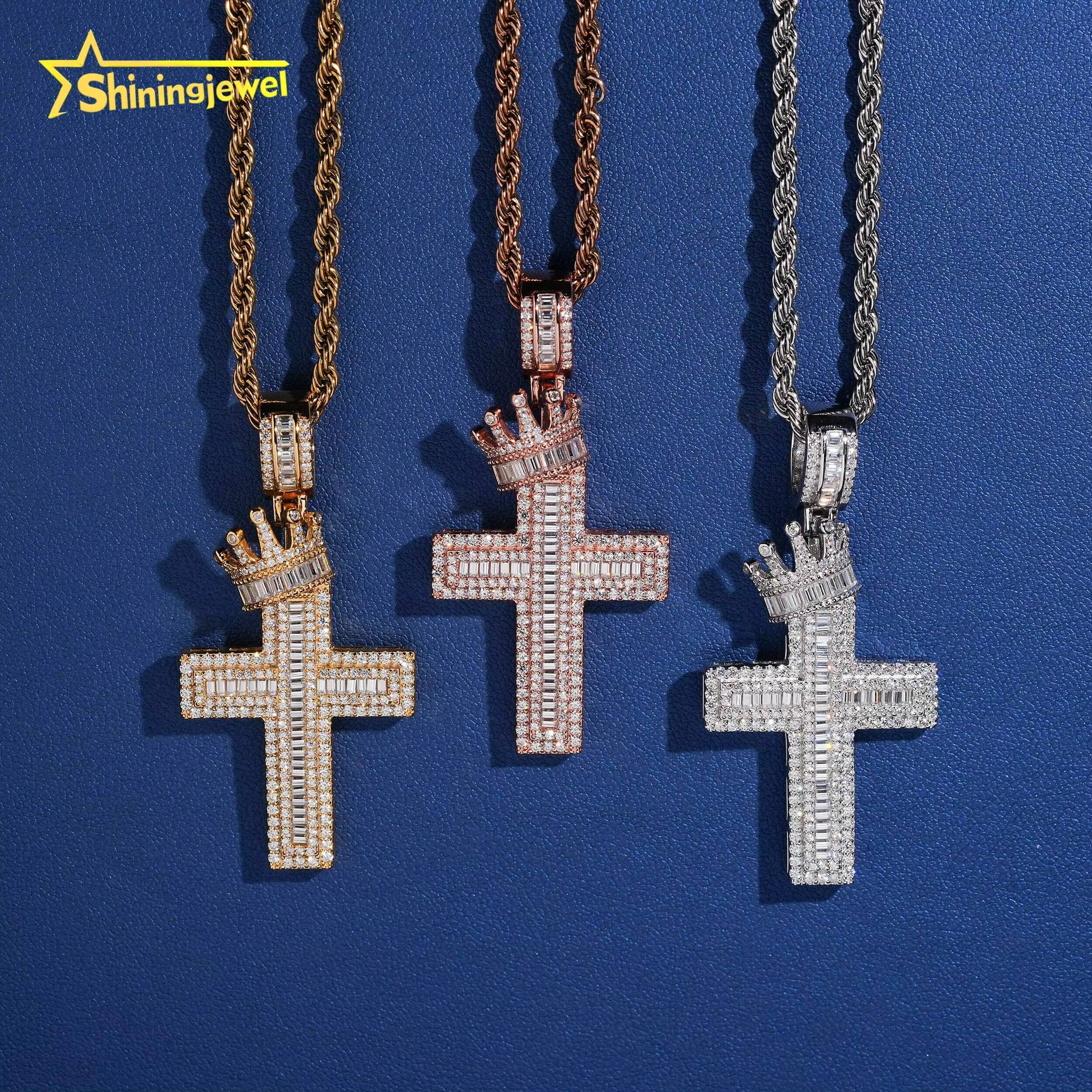Instock Iced Out Pendant Cross Moissanite Pendant Charm Solid 925 Sterling Silver Cross Pendant with Crown Pass Diamond Tester