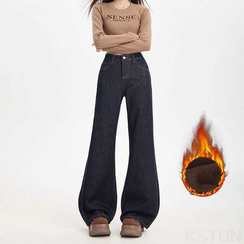 KSTUN Fleece Jeans For Women Winter Bell Bottom Trousers Warm Thicken Embroidered Stripes Design Mom Straight Leg Flared PantsT251208
