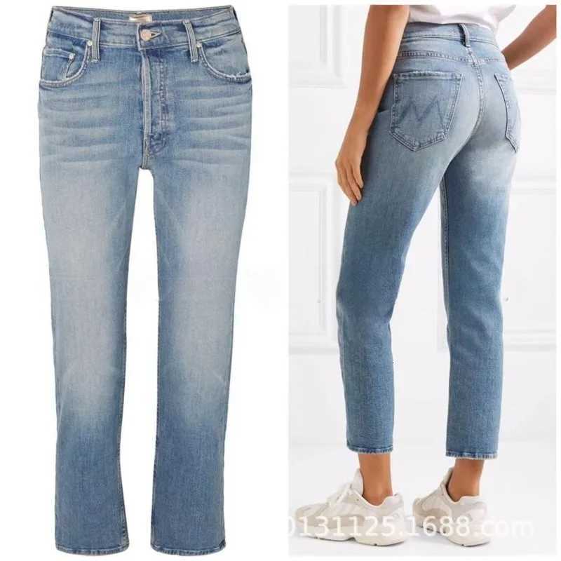 MO Light Blue Fringed Jeans Womens High Waisted Straight Leg Slimming Cropped Jeans Denim European and AmericanT251208