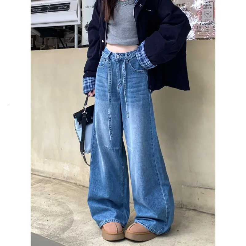 American Retro Blue Wash Wide-leg Jeans for Women in Winter New Niche Straps Loose Straight Pants Floor PantsT251208