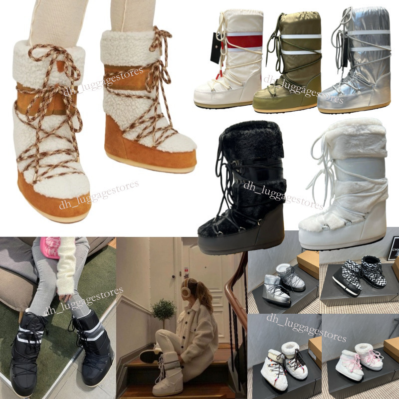 25 26 New Designer moonboots Snow Winter Medium High Tube Lace up Cotton Shoes Non slip Warm Outdoor Ski Shoes Long Short Styles of Everyday Warm Boots for Daily Outings