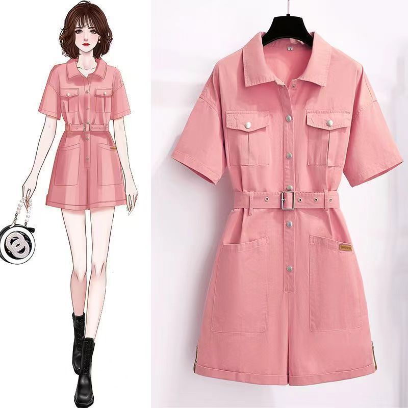 2024 Summer New Stylish One-Piece Suit for Petite Figures Waist-Cinching Slimming Korean Style Loose Cargo Shorts 210507