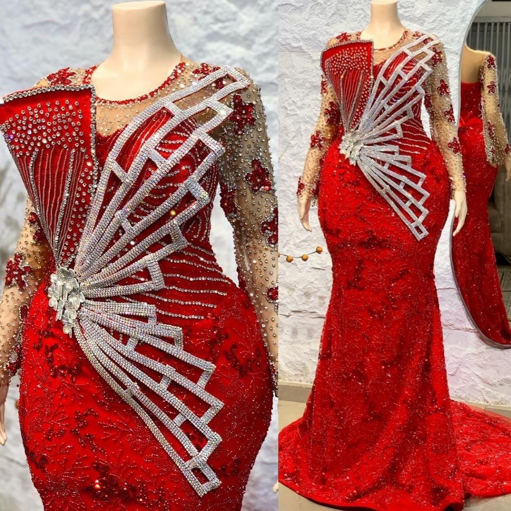 Aso Ebi Red Mermaid Prom Dresses 2026 Beaded Crystals Sequined Stylish Evening Formal Party Second Birthday Engagement Gowns Plus Size Dress For Speci