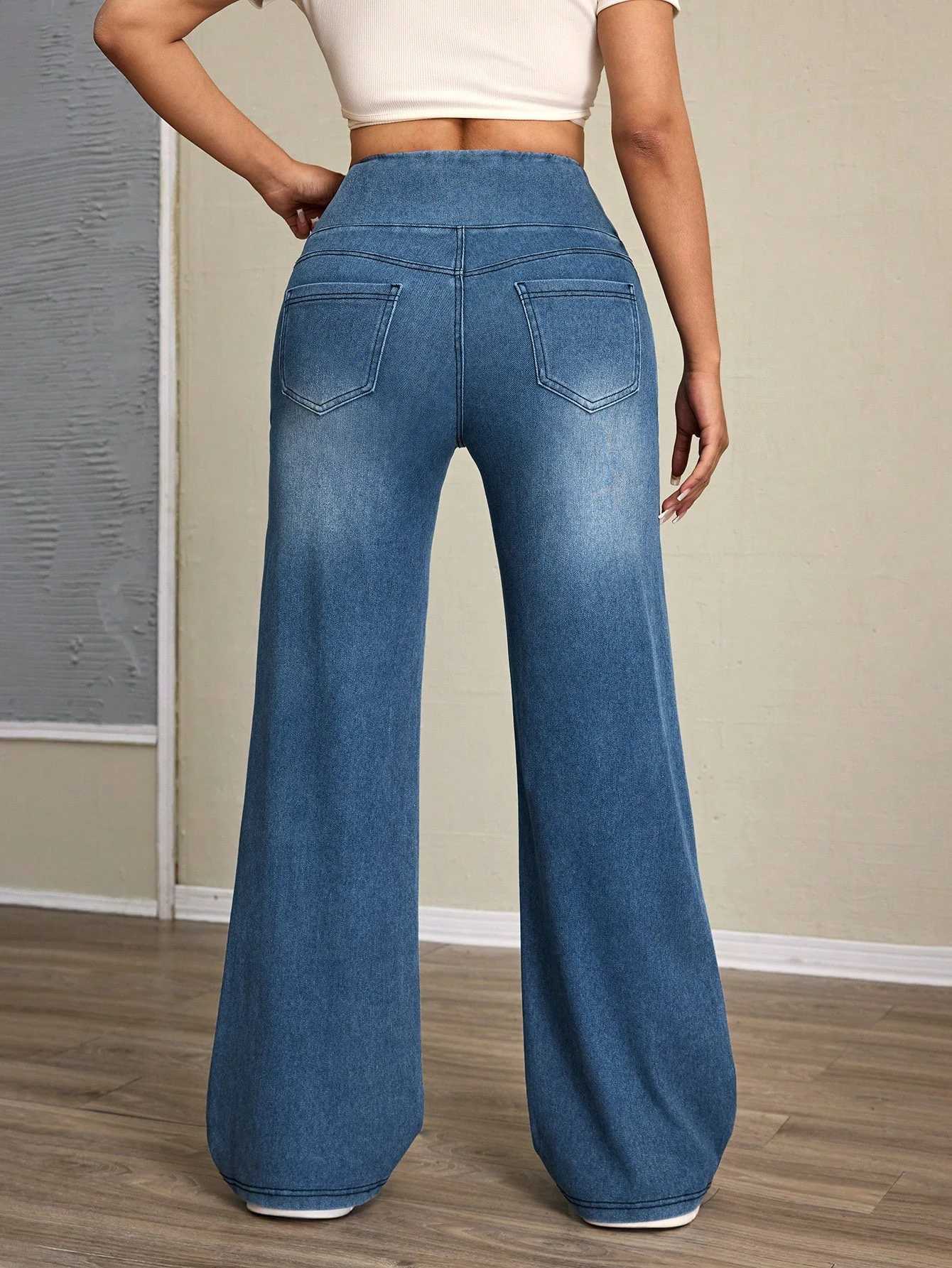 Womens high-rise wide-leg jeans with tummy tuck slim fit made from stretch denim fabric are stylish for casual everyday wearT251208