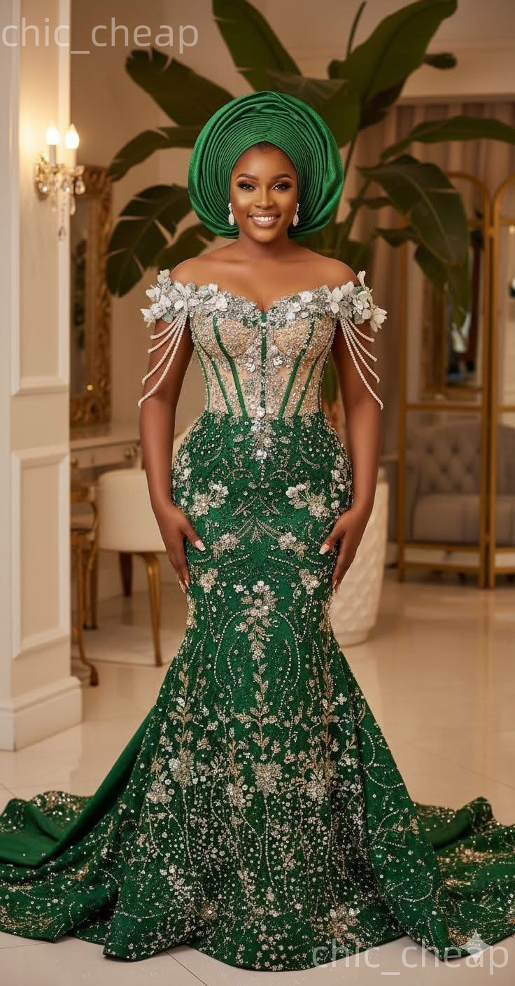 Aso Ebi Dark Green Mermaid Prom Dresses 2026 Beaded Flowers Sequined Evening Formal Party Second Birthday Engagement Gowns Plus Size Dress For Special