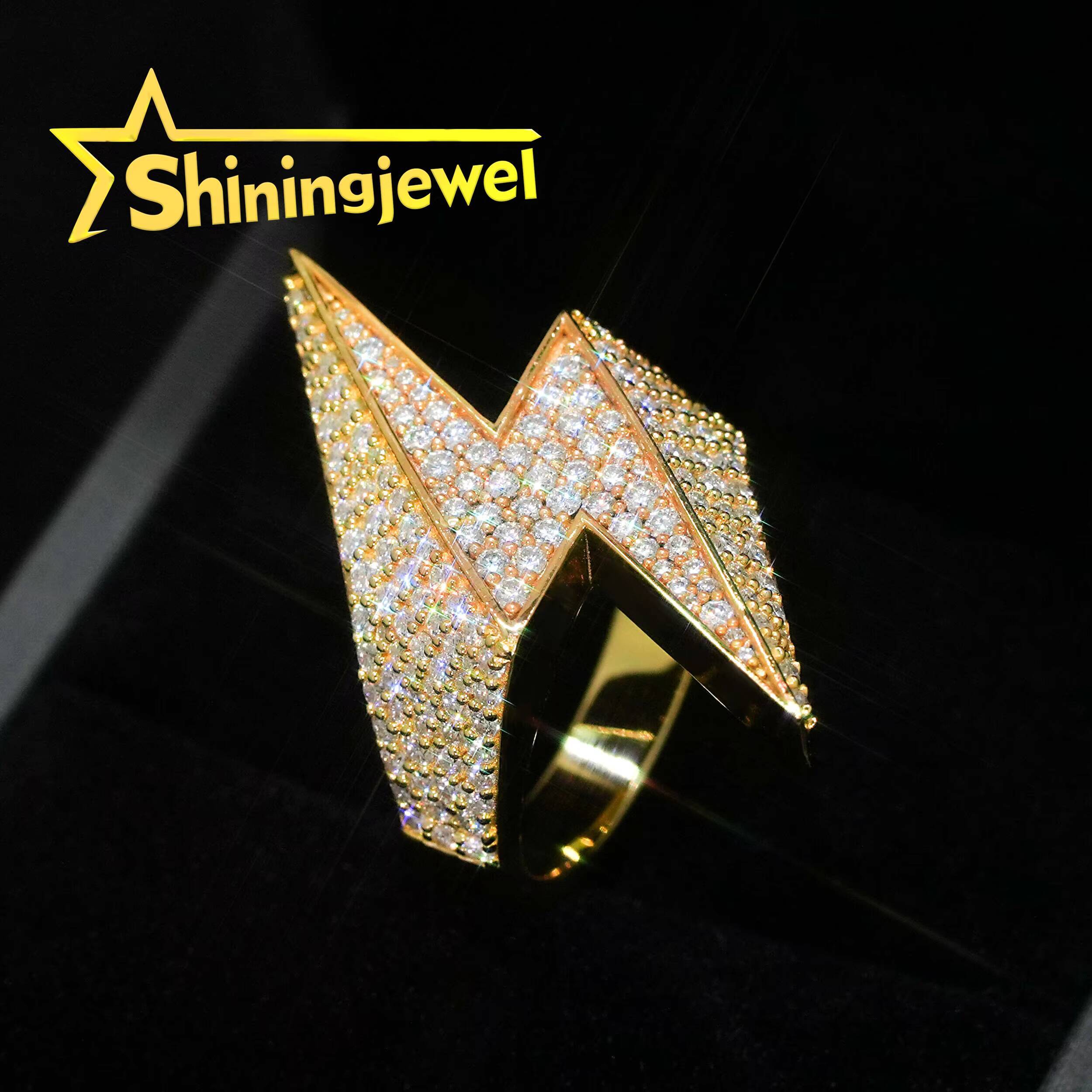 Shiningjewel Lightening Bolt Shape Ring Moissanite Pass Diamond Tester Moissanite Ring Hip Hop Jewelry 925 Moissanite Men Ring