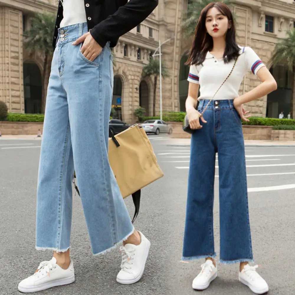 Straight Women Pants High Waist Loose Trousers Wide Leg Casual Denim Jeans Ninth TrousersT251208