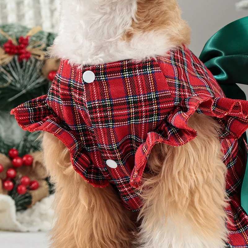 Pet Clothes Dog Christmas Classic Plaid Skirt Puppy Ruffle Sleeves Dresses Holiday Clothing M251208