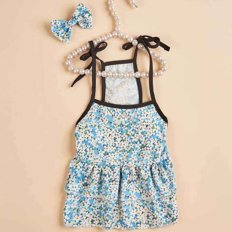 Cute Puppy Dress Set Blue Floral Print Bow Hair Accessory Ruffled Skirt Sweet Pet Wear for Daily Pet Apparel Adorable Costume M251208
