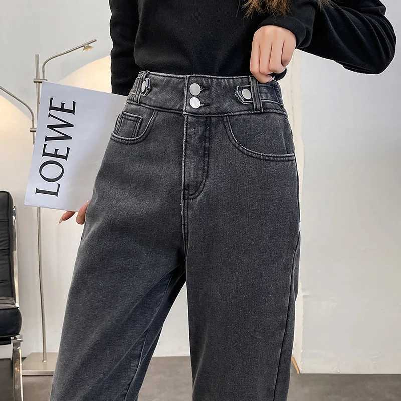 Winter Womens Warm Fleece Jeans High Waist Thick Straight Denim Harem Pants Plus Size Loose Trousers Lady High Waisted JeansT251208