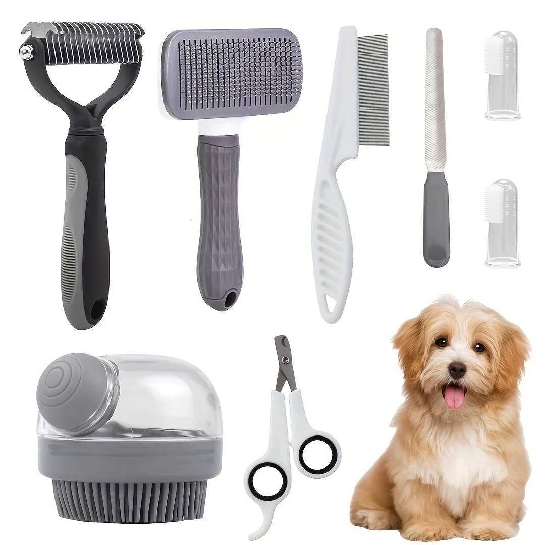8pcs/set Dog Grooming Kit Self-cleaning Pet Grooming Set with Nail Clippers And File Flea Comb Shampoo Bath Brush Hair Remov M251208