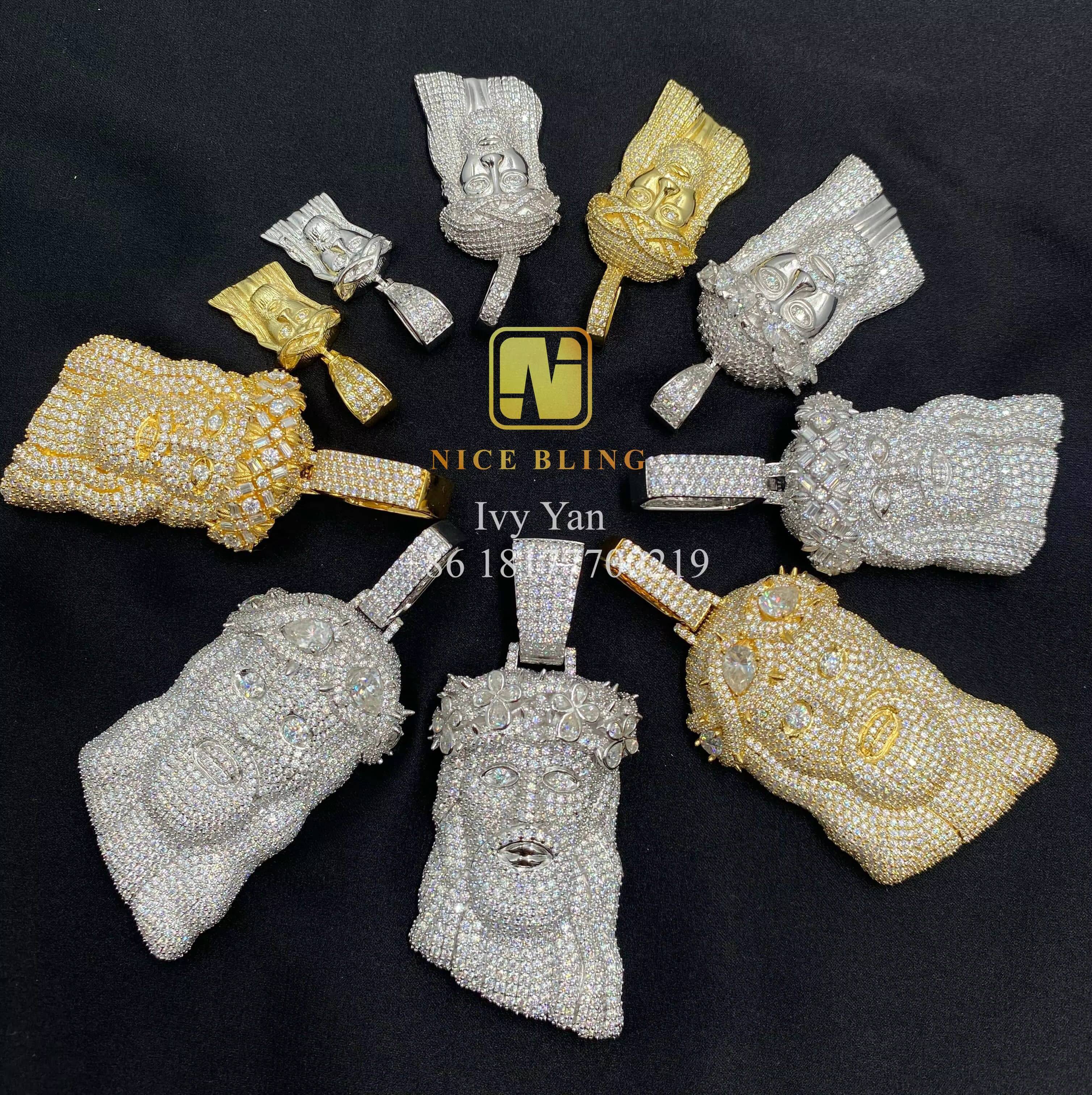 Rhodium Gold Plated Custom Iced Out Hip Hop Men Jewelry Pendant 925 Silver Ronud Cut VVS Moissanite Full Diamond Jesus Pendant