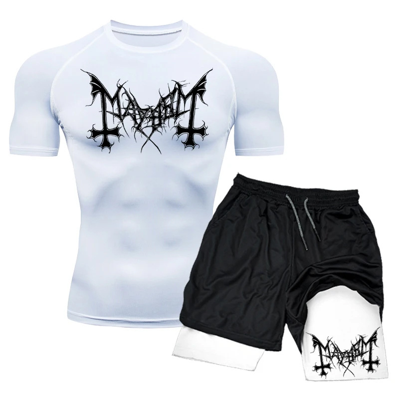 Mens Sets Berserk Guts Compression Print Two-Piece Set Trendy Sports Fitness Short-Sleeve T-Shirt Casual Athletic Shorts