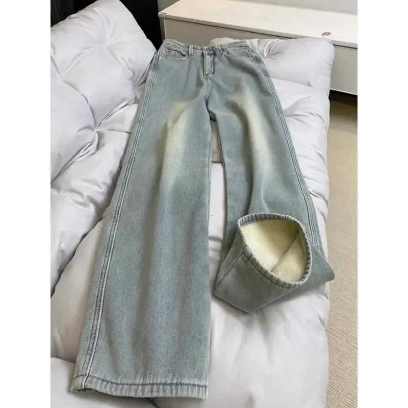 Jeans For Woman Y2k Pants 2025 Latest Light Blue American High Street Winter Fleece Loose Wide Leg Straight Long Denim TrousersT251208