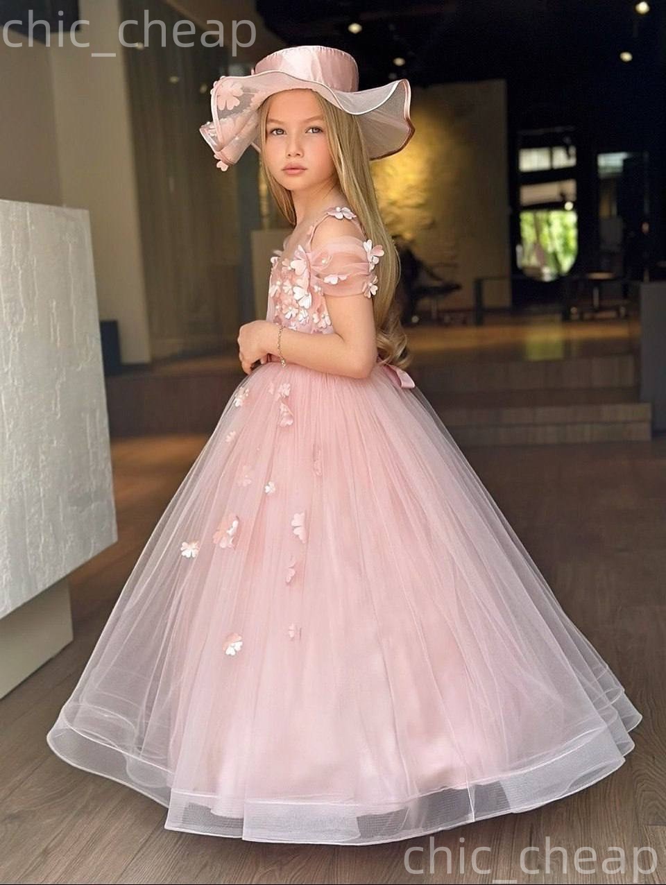 2026 Blush Pink A-line Flower Girl Dresses Flowers V-neck Tulle Little Girl Christmas Peageant Birthday Christening Tutu Dress Gowns ZJ422