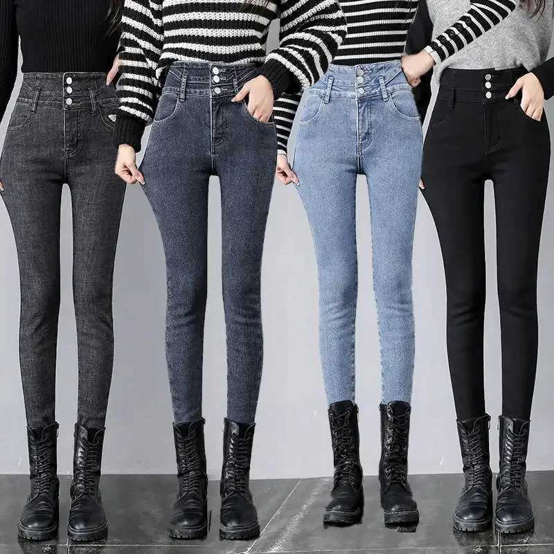 Winter Thick Velvet Women High Waist Skinny Jeans Simple Fleece Warm Slim Fit Stretch Ladies Casual Slim Denim Pencil Pants Y2KT251208