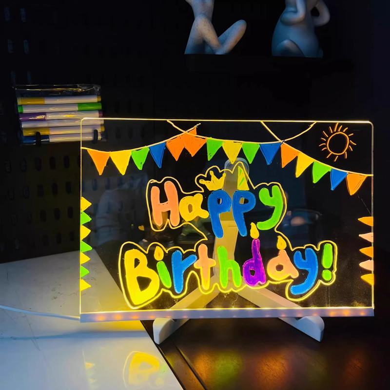 LED Luminous Note Board Acrylic Message Board Erasable Creative Board Kids Led Light up Drawing Board with Stand Colorful Pencils