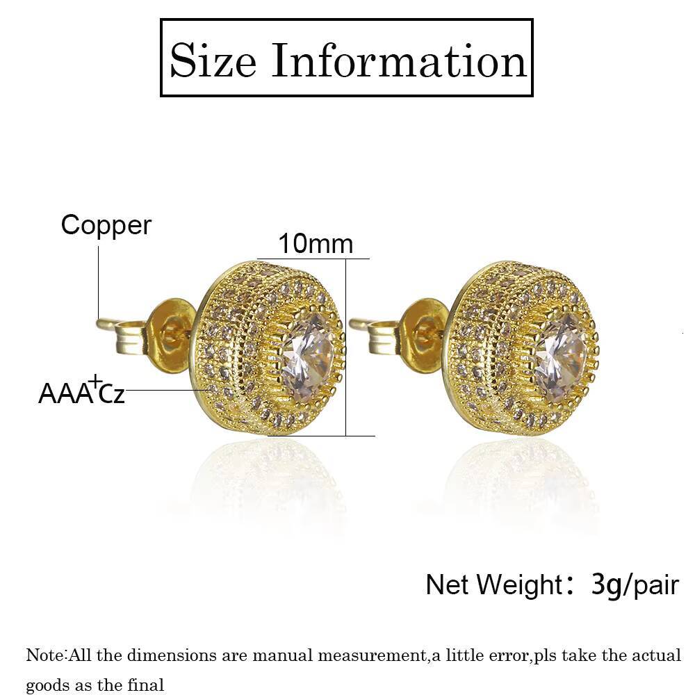 Wholesale Hip Hop Men Earrings Jewelry Bling Gold Plated Round CZ Zircon Diamond Stud Earrings