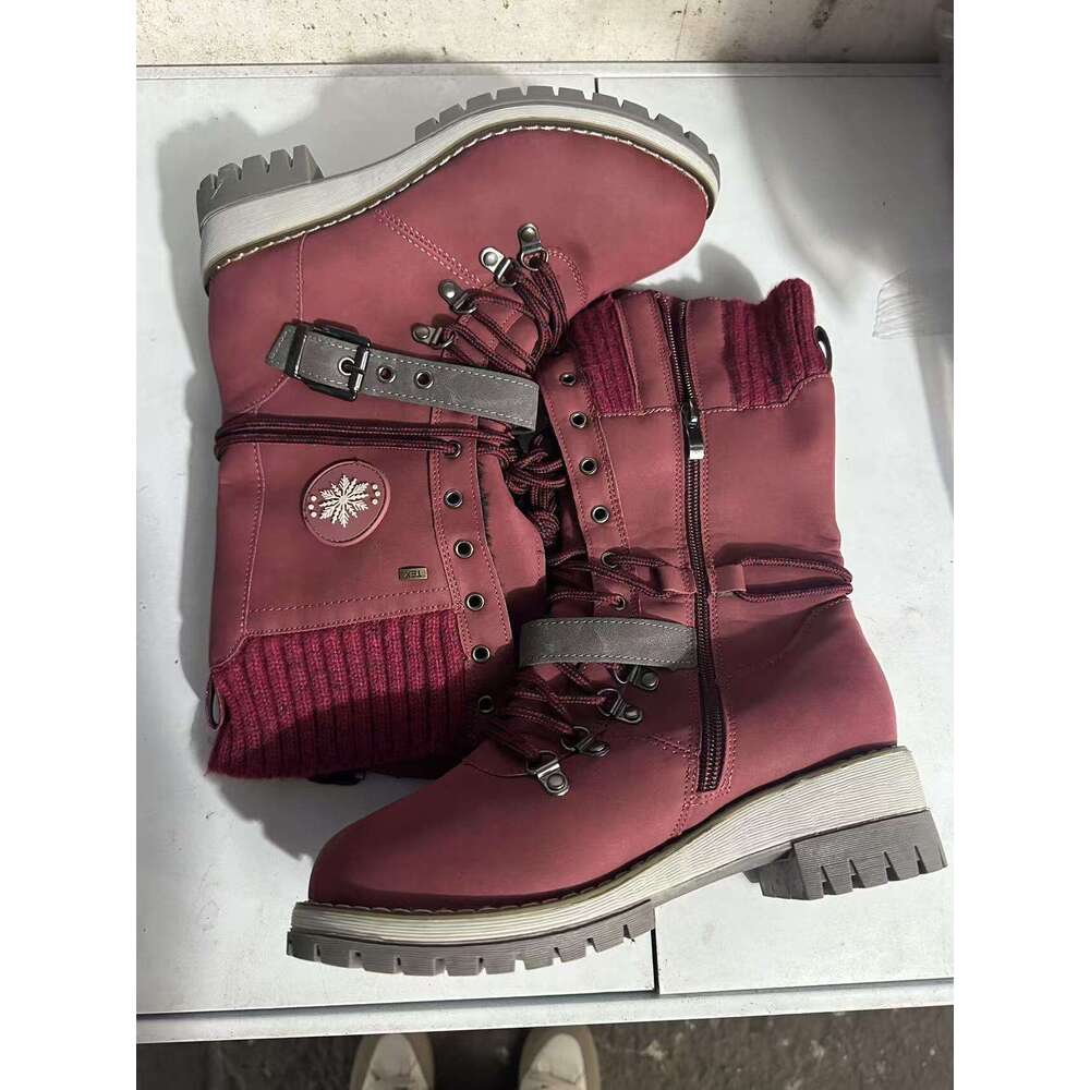 plus size midcalf womens winter new round toe square heel leather buckle niche designer free shipping knitted patchwork martin boots