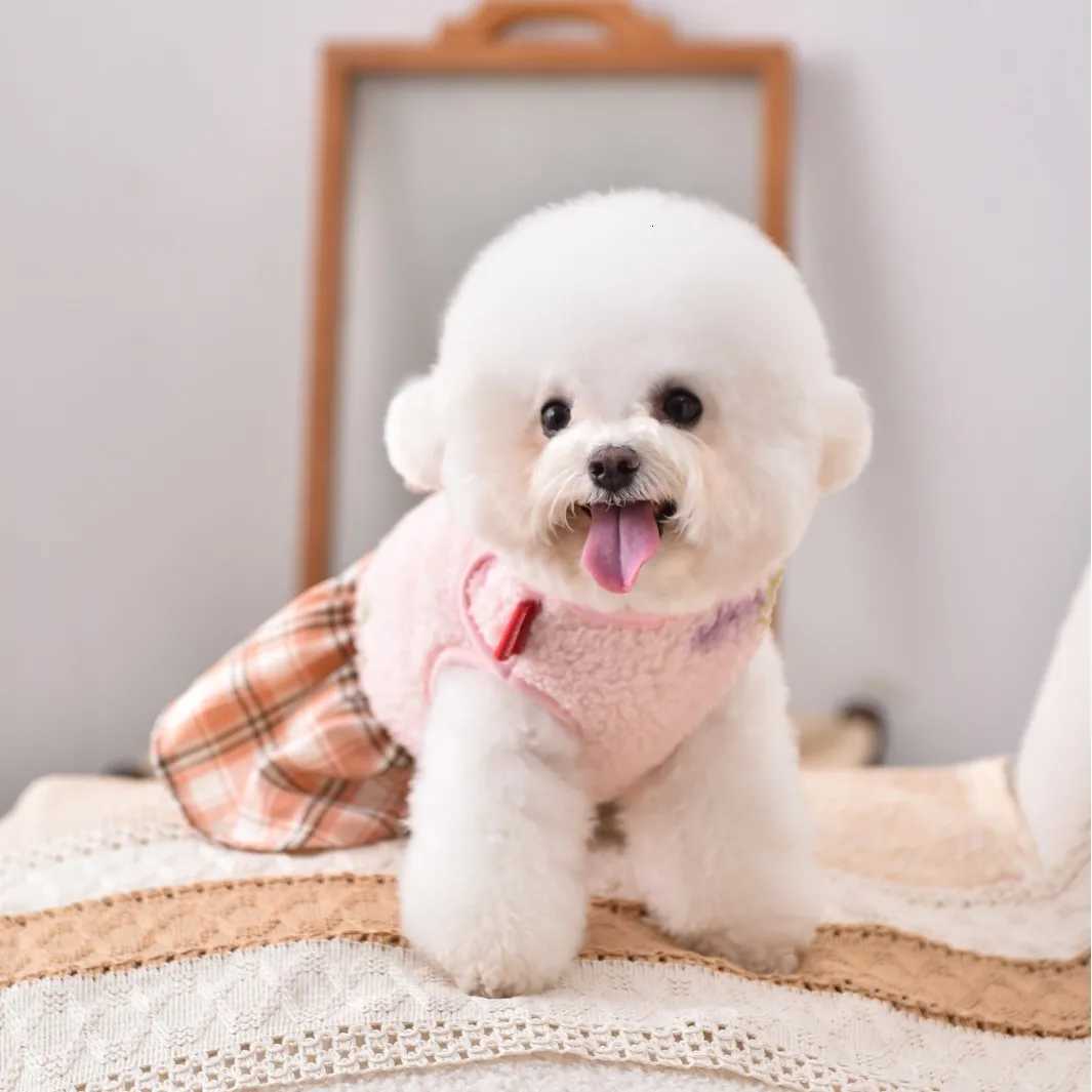 Winter Dog Cat Dress Pink Vest With Plaid Skirt Puppy Costume Pomeranian Poodle Schnauzer Autumn Outfit Puppy Clothes Accessory M251208
