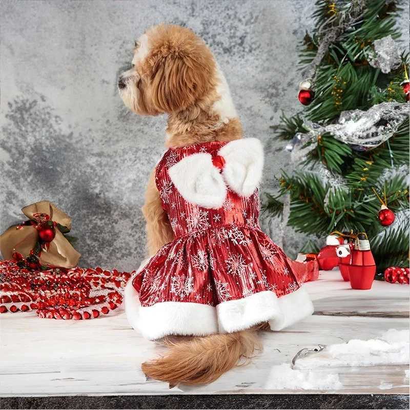 Christmas Dog Dress Snowflake Princess Skirt Winter Warm Plush Bowknot Sleeveless Clothes New Year Party Puppy Costume Dress Up M251208