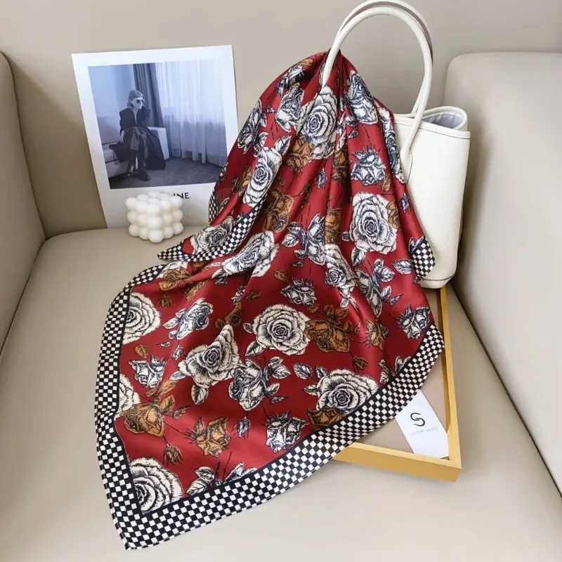 Luxury 68cm Rose Printed Scarf Womens New Spring and Summer Imitation Silk Square Scarf Fashion Versatile Headscarf Shawl Y251208