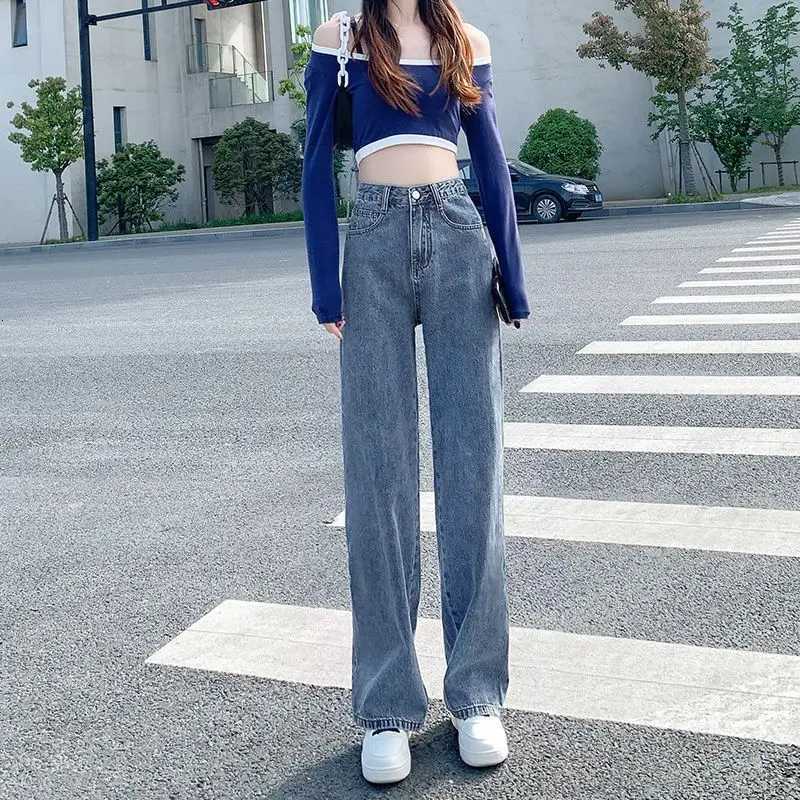 High-waisted Straight Jeans for Women in Spring and Summer 2025 New Loose and Slim Small Draped Wide-leg Floor PantsT251208