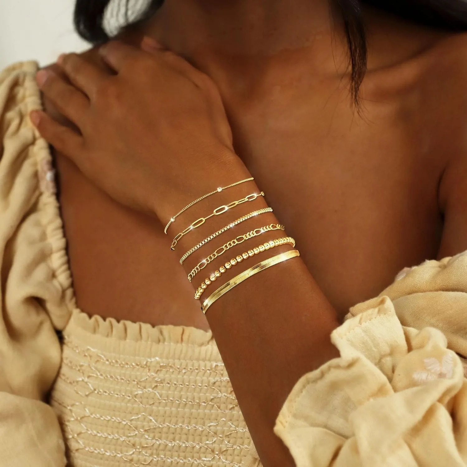 Gold Bracelets for Women Waterproof 14K Plated Jewelry Set Trendy ThinDainty Stackable Cuban Link Paperclip Chain 251203