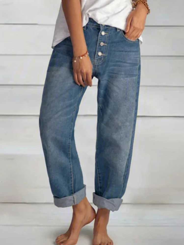 Jeans Straight Pants Women Denim Spliced Button Loose Pockets High Waist Wash Ankle Length 2024 Vintage Distressed BasicsT251208