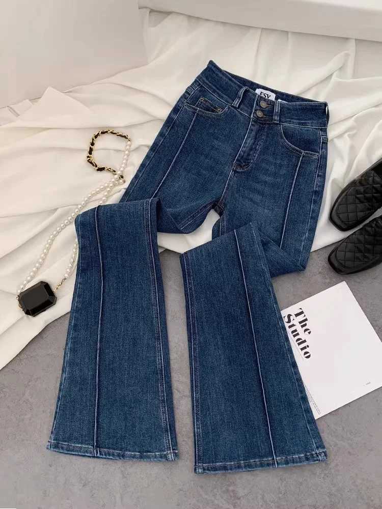Vintage Blue Women Flare Pants Two-Button High Waist Slim Denim Trousers 2025 New Spring Summer Fashion Slim Female JeansT251208