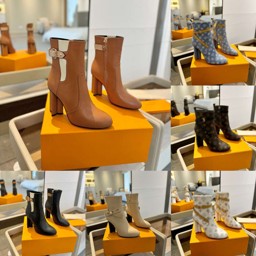 Women Classic High Heeled Ankle Boots Letter Print Leather cowboy Jeans Martin knight Chunky Heel Mid-Calf boots party wedding shoes Designer boots Fashion Shoes