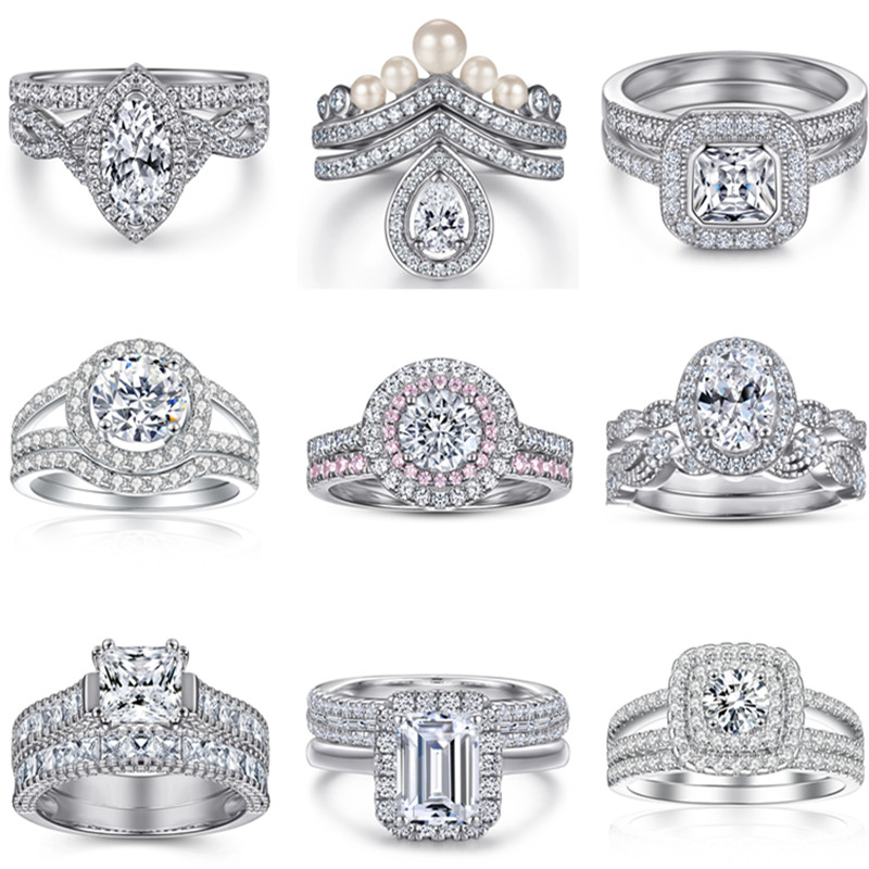 2pcs/set diamond designer ring for woman wed heart pear promise s925 sterling silver zirconia emerald cut sqaure engagement wedding rings jewelry gift box Size 5-10