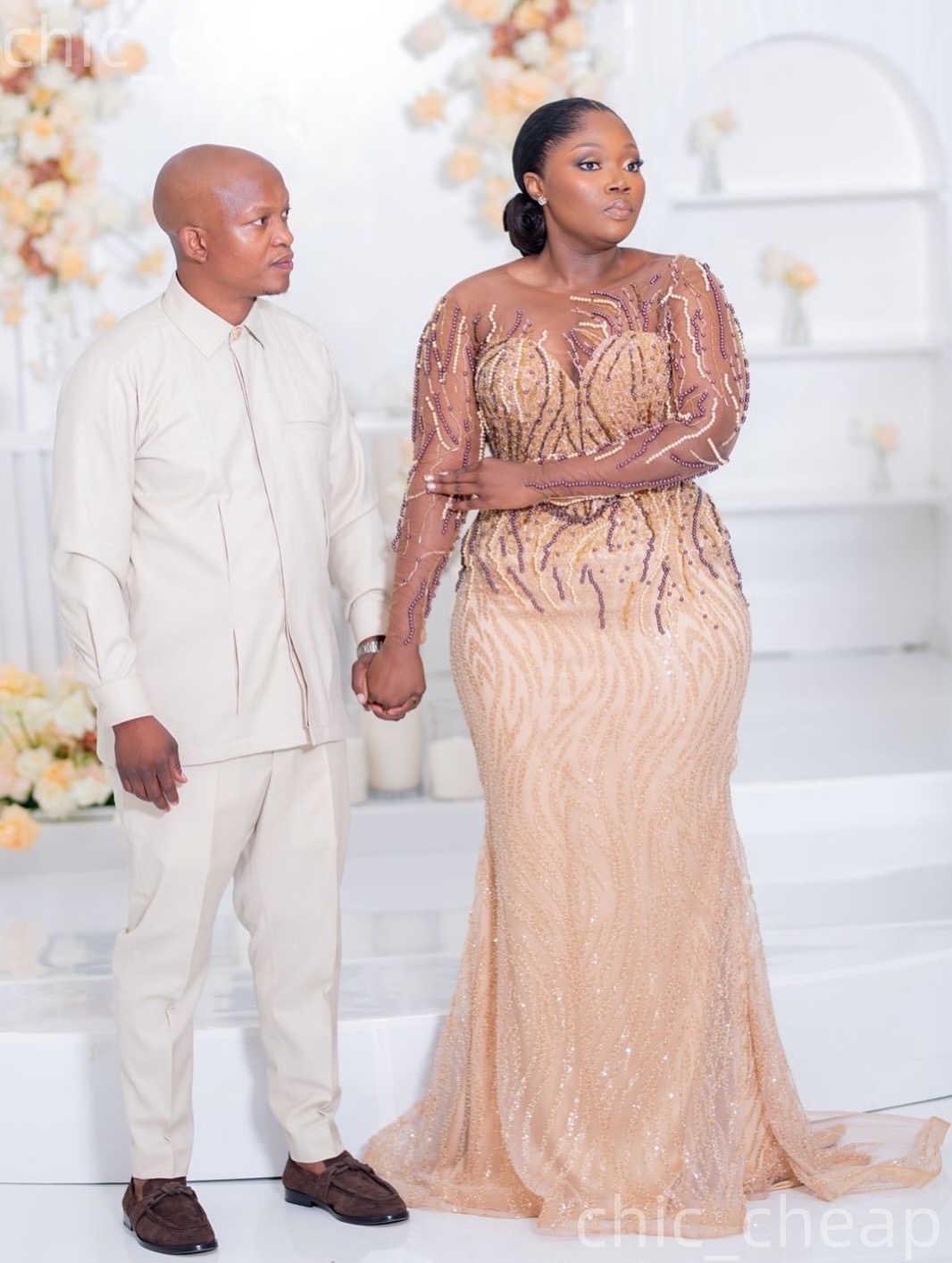 Aso Ebi Champagne Mermaid Prom Dresses 2026 Pearls Beaded Sheer Neck Evening Formal Party Second Birthday Engagement Gowns Plus Size Dress For Special