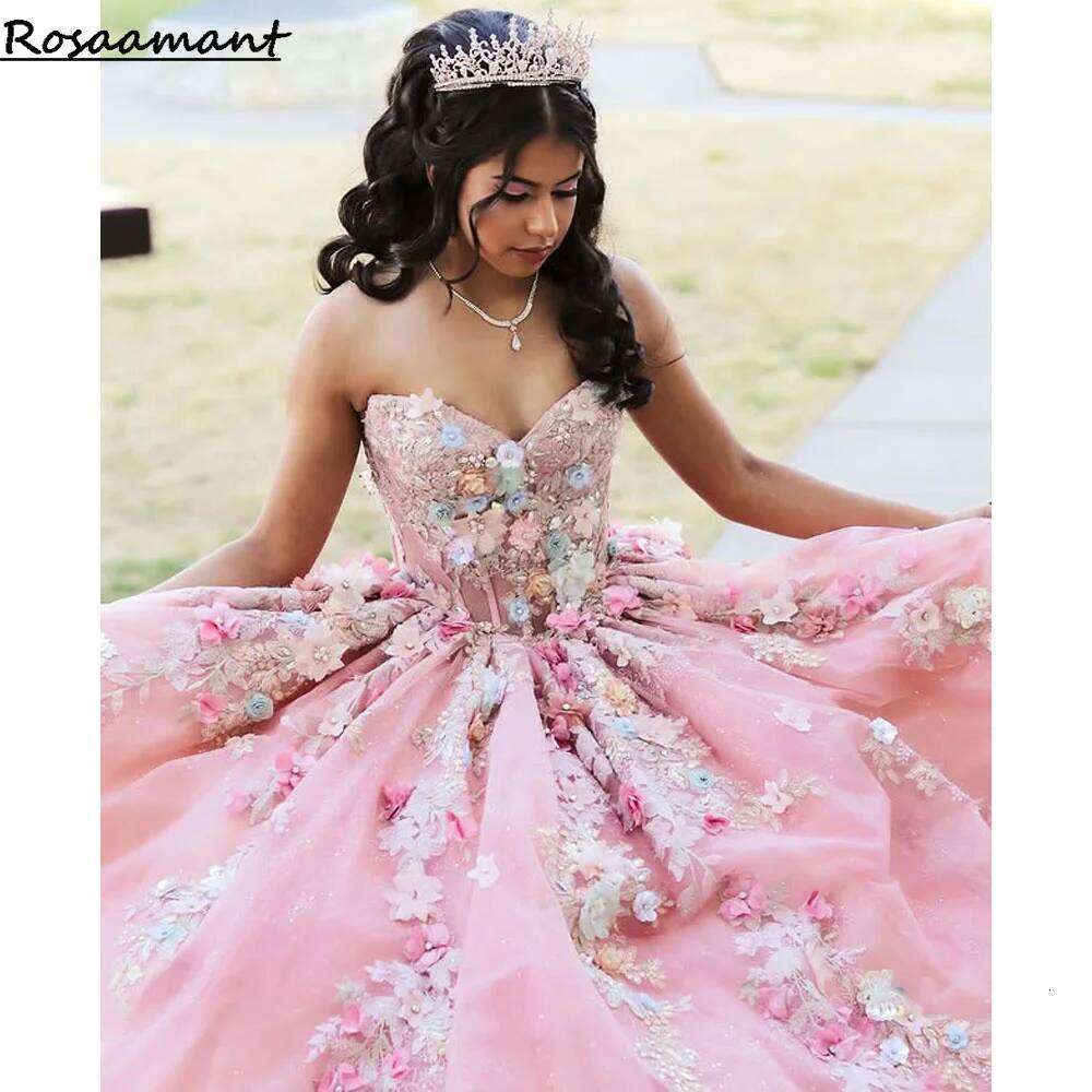 Pink Ball Gown Quinceanera Dresses Luxury 3D Flower Appliques Lace Vestidos De 15 Anos Birthday Party Prom Princess