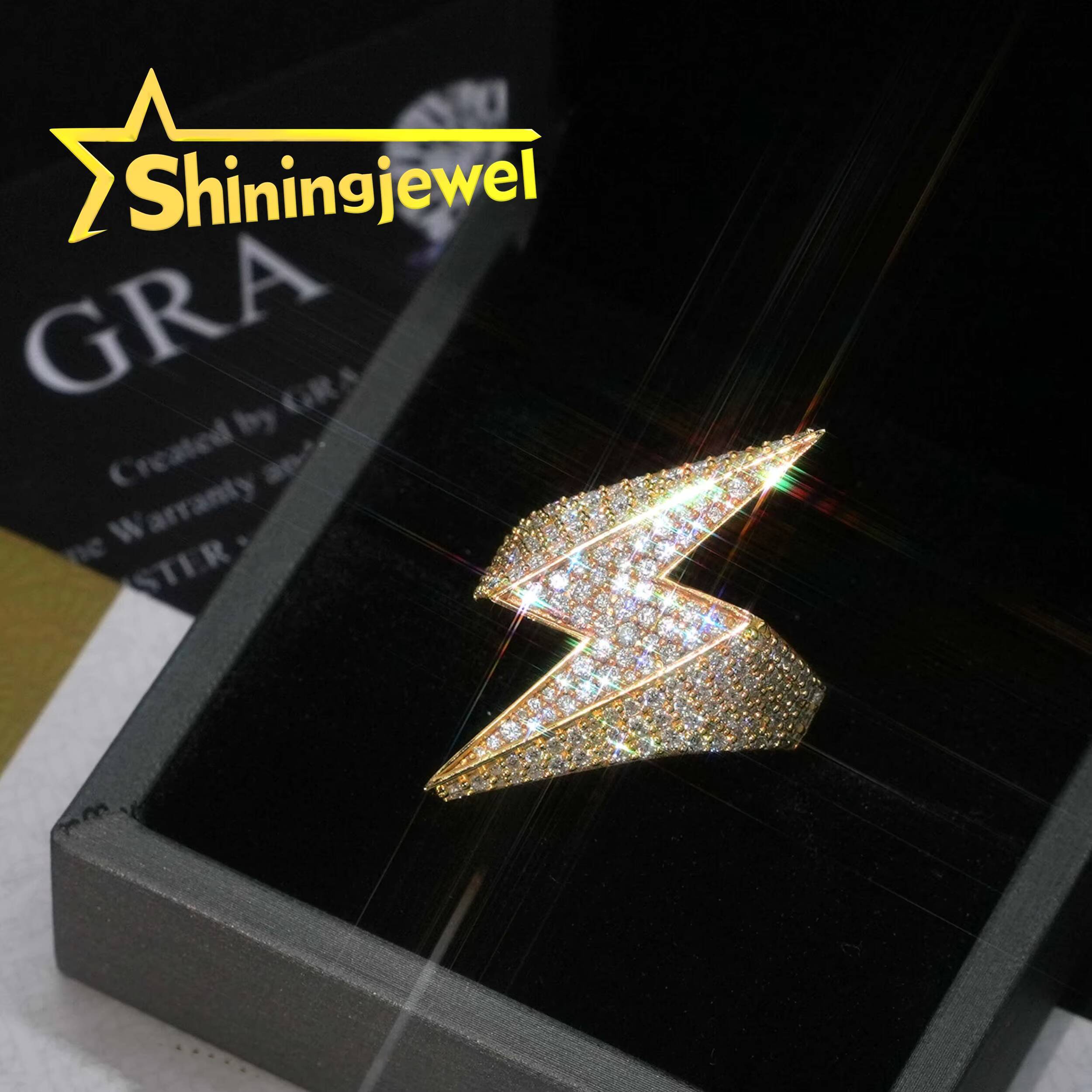 Shiningjewel Lightening Bolt Shape Ring Moissanite Pass Diamond Tester Moissanite Ring Hip Hop Jewelry 925 Moissanite Men Ring