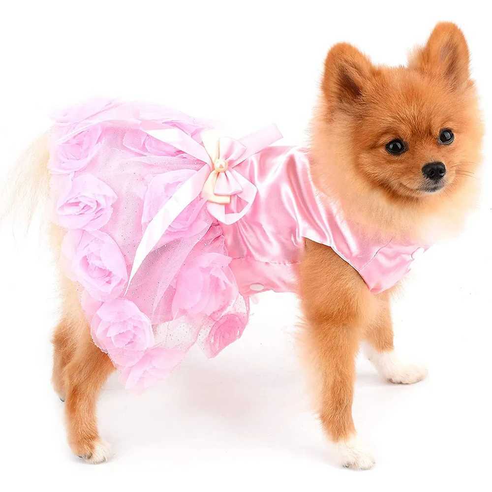 Pet Dresses for Small Dogs Girls Luxury Puppy Wedding Dress Rose Flower Lace Tutu Skirt Silky Bow Birthday Party Cat Dog Clothes M251208