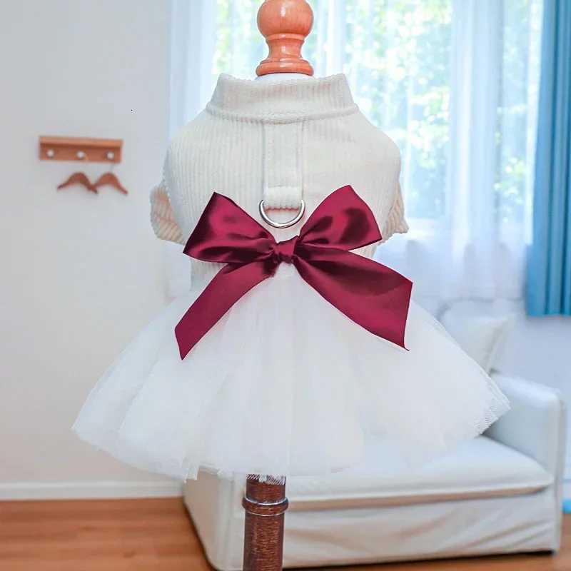 1PC Beige Chest Back Gauze Skirt Pet Clothes Dog Cat Anti-hair Loss Beige Princess Style Dress Red Bow Traction M251208