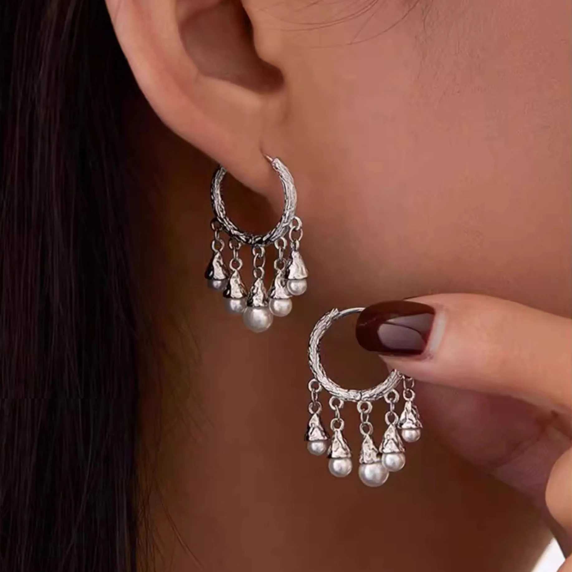 New 925 Sterling Silver Hoop Earrings Pearl Droplet Irregular Vintage Punk For Women Girl Gift Jewelry J251208