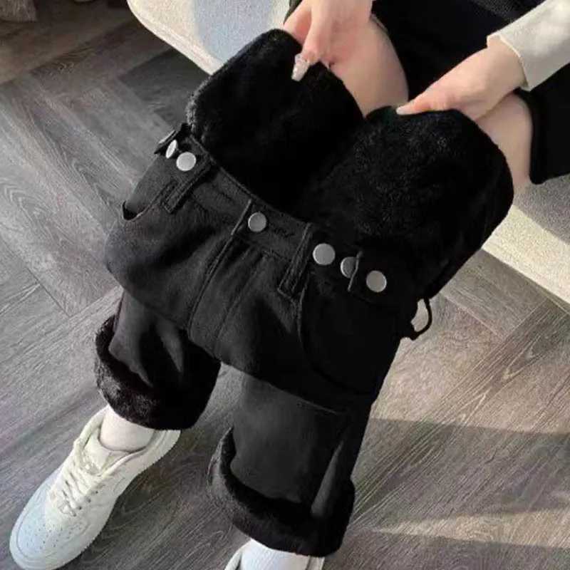 Womens Plush Thickened Warm Wide Leg Jeans Adjust Waist Slimming Draped Retro Fleece Lined Straight Denim PantsT251208
