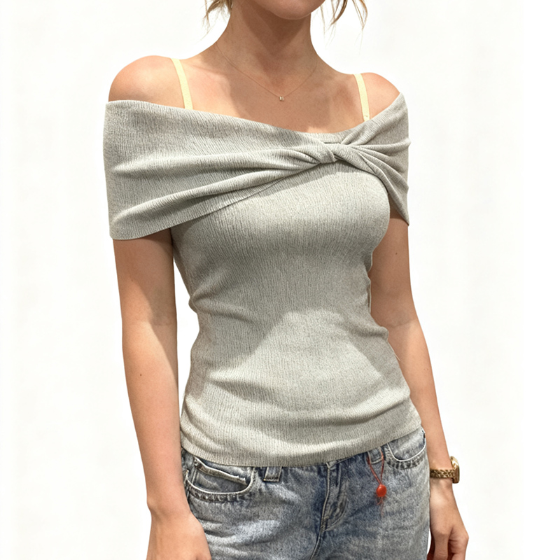 Women's Tanks Women's Off-the-Shoulder Ribbed Knit Twist Collar Sleeveless Crop Top - Beige Fitted Tank 2061565