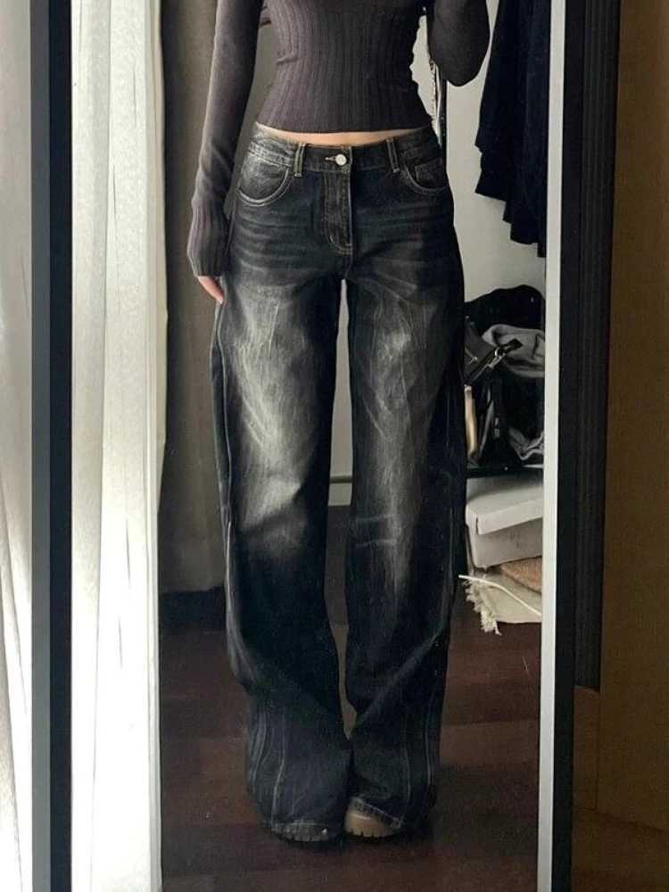 2025 Autumn Winter Womens Black Denim Pants Low Rise Y2K Baggy Jean Japanese Dark Academia Cowboy Harajuku Grunge Stacked JeansT251208