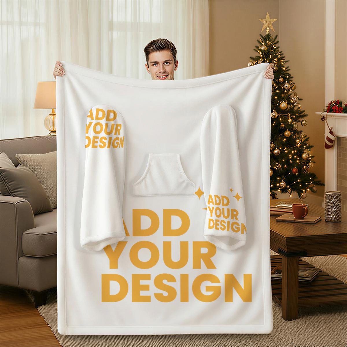 All Over Print Wearable Blanket with Sleeves Dual Layer Sherpa Fleece Hooded Robe Long Sleeve Oversized Snuggle Sack for Adults