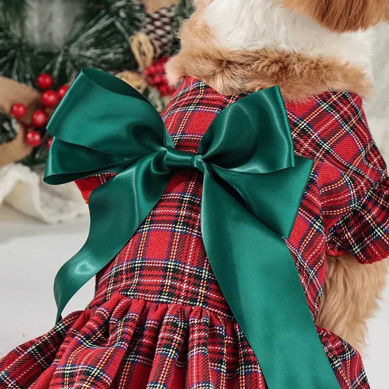Small/Medium Christmas Plaid Dog Dress with Big Bow Warm Velvet S-XL Holiday Pet Outfit for Dogs M251208