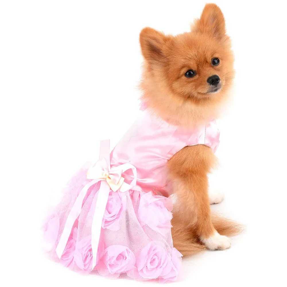 Pet Dresses for Small Dogs Girls Luxury Puppy Wedding Dress Rose Flower Lace Tutu Skirt Silky Bow Birthday Party Cat Dog Clothes M251208
