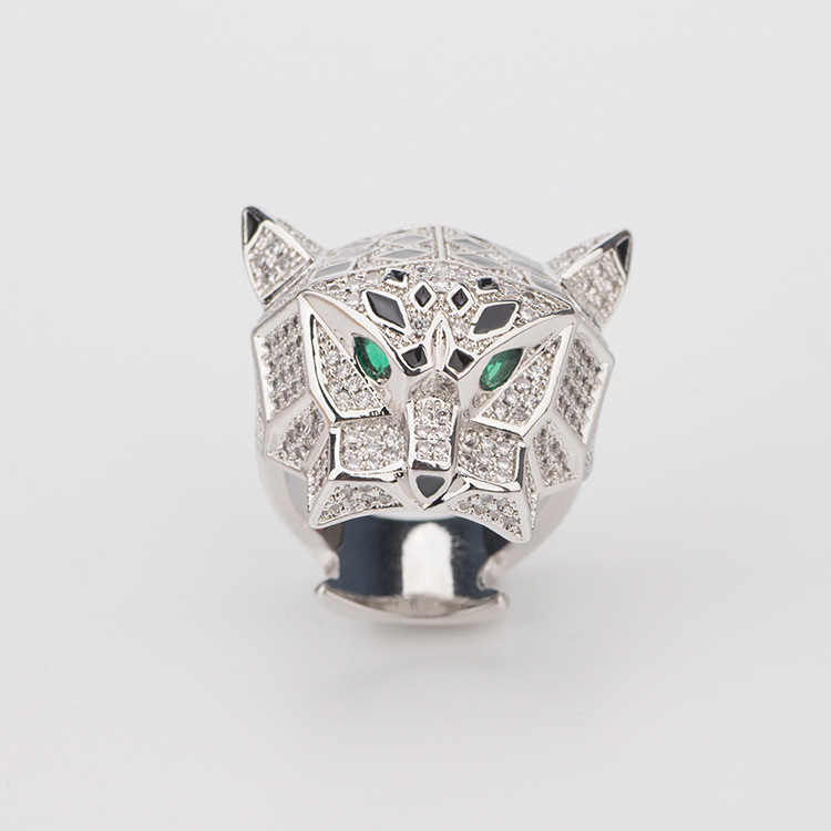 Wide Version Leopard Head Ring Epoxy Ring Zircon Green Eyes Gold-Plated Diamond-Studded Personality Domineering Ring Wholesale 7A