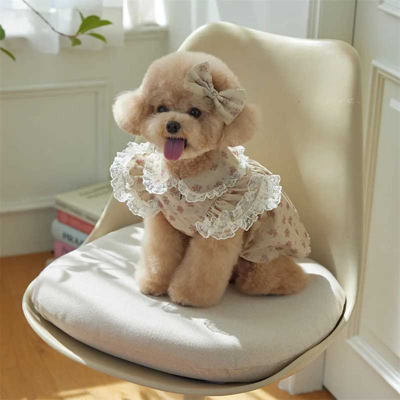 Pet Spring Floral Shirt Skirt Cat Autumn Corduroy Printed Dress Teddy Collar Lace Top Puppy Clothes Dog Dresses for Small Dogs M251208