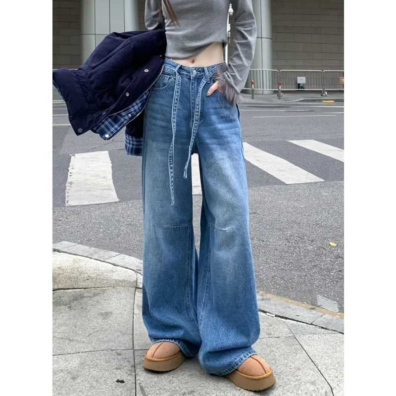 American Retro Blue Wash Wide-leg Jeans for Women in Winter New Niche Straps Loose Straight Pants Floor PantsT251208