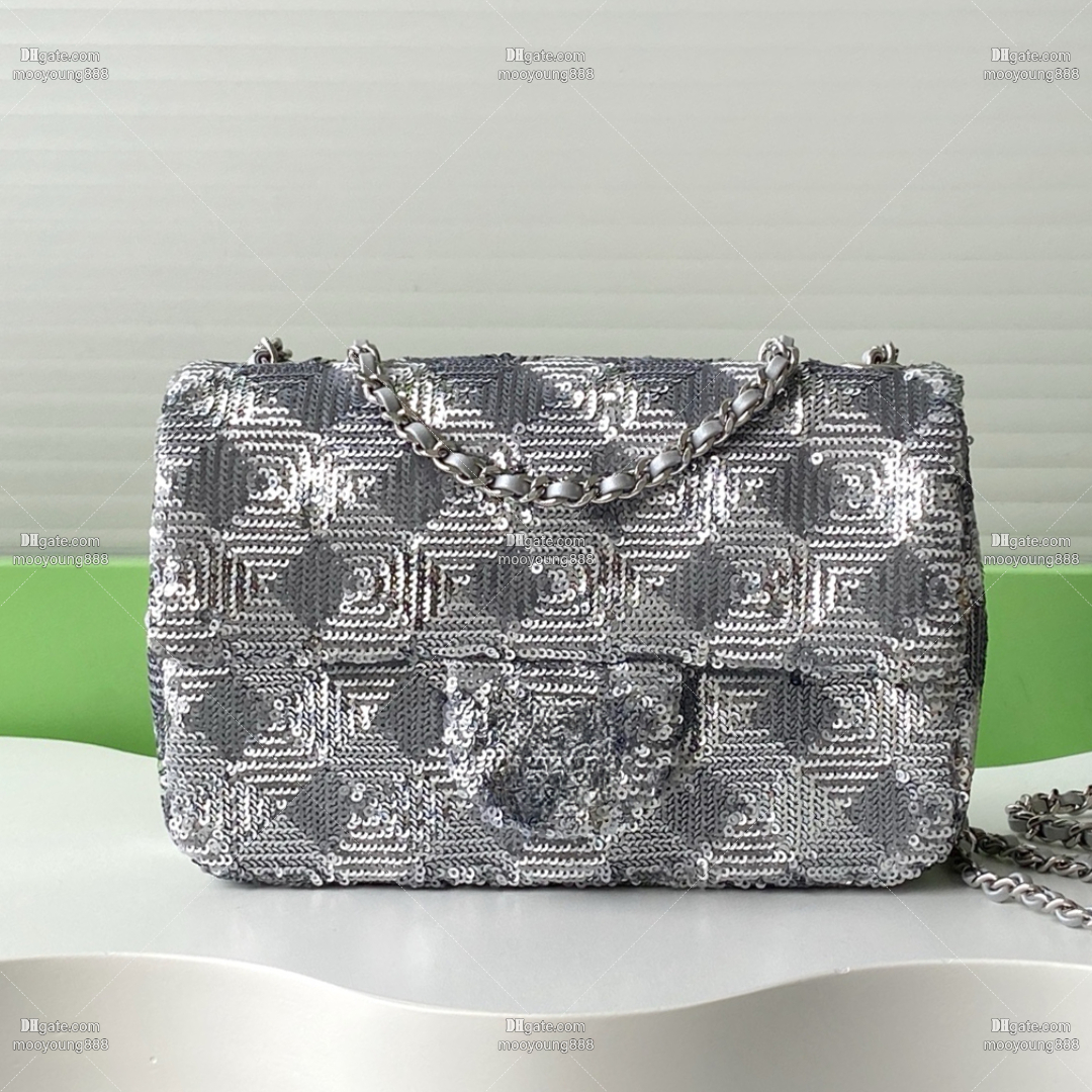 12A Upgrade Mirror Quality Designer Sequin Evening Bags for Women Mini Flap Bag 21cm Luxury Handbags Shoulder Chain Bags Silver Crossbody Purse with Box